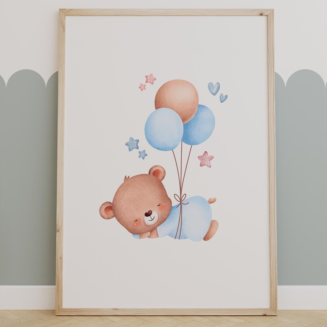 Sleeping Bear Holding Pastel Balloons Sweet Nursery Decor Poster