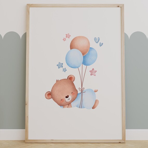 Sleeping Bear Holding Pastel Balloons Sweet Nursery Decor Poster