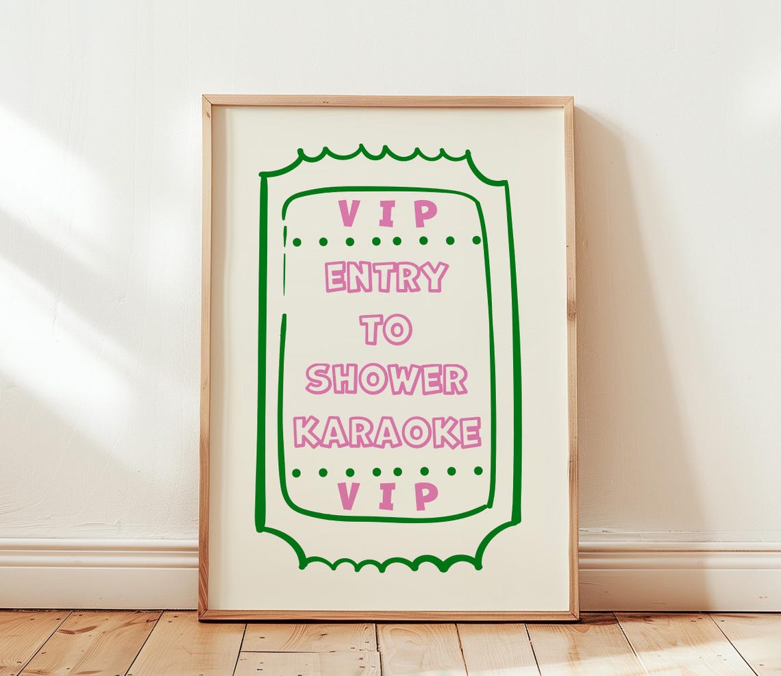 VIP Shower Karaoke Ticket Funny Retro Pink Green Bathroom Wall Poster