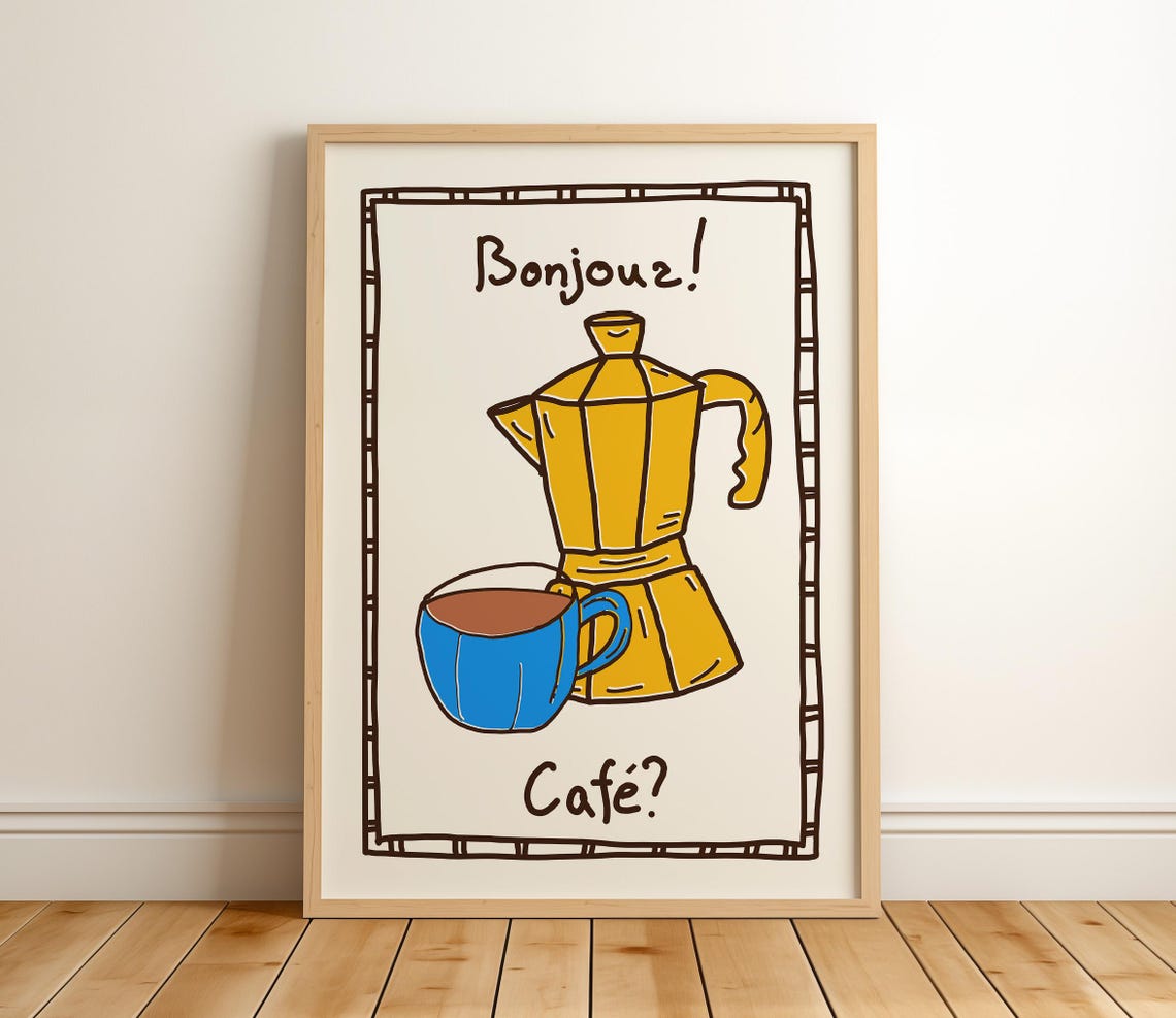 Bonjour Cafe Yellow Moka Pot and Coffee Cup French Kitchen Poster