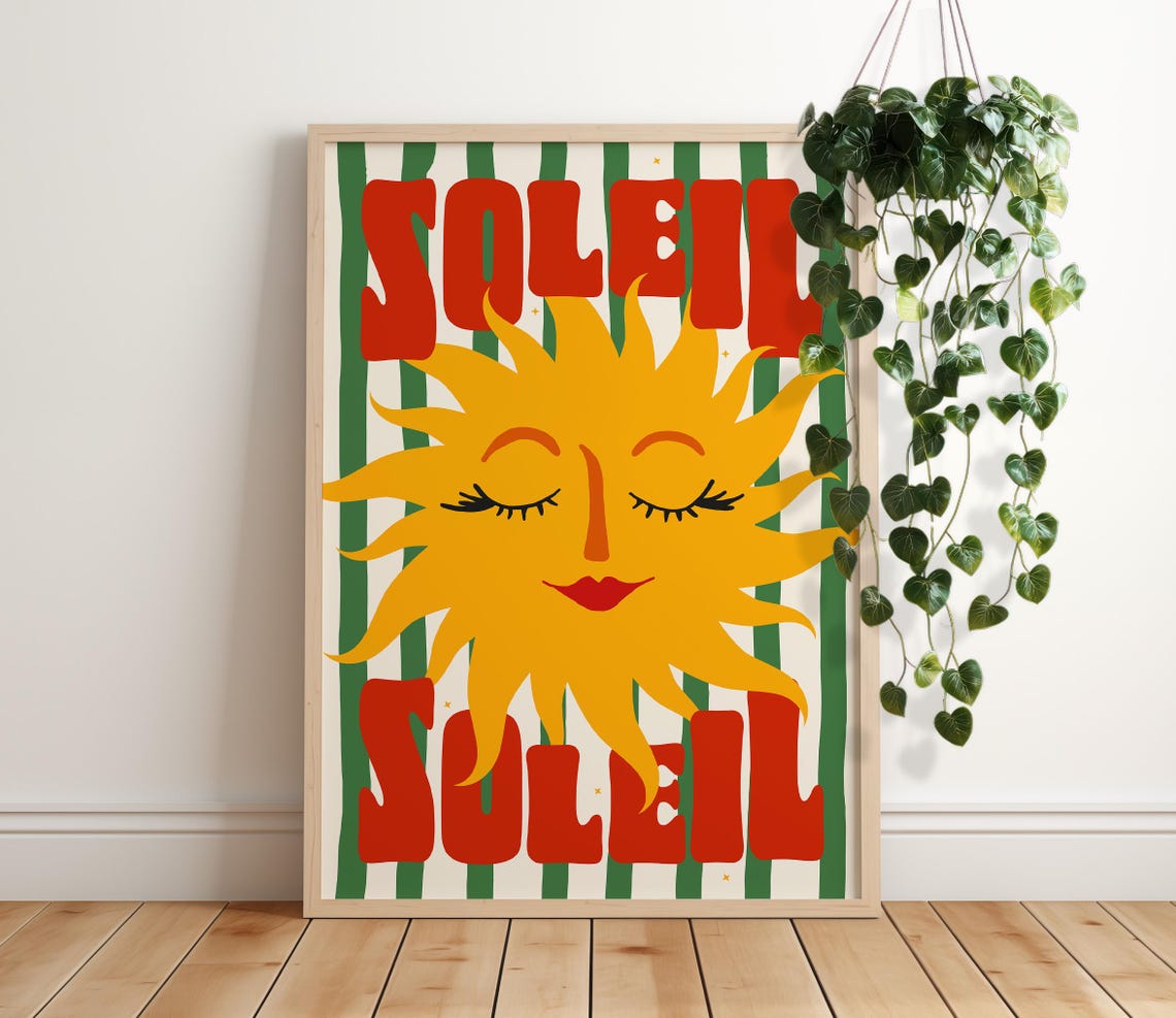 Soleil French Smiling Sun Face Boho Retro Summer Kitchen Art Poster