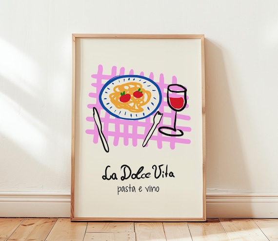 La Dolce Vita Pasta e Vino Spaghetti Plate Illustration Poster