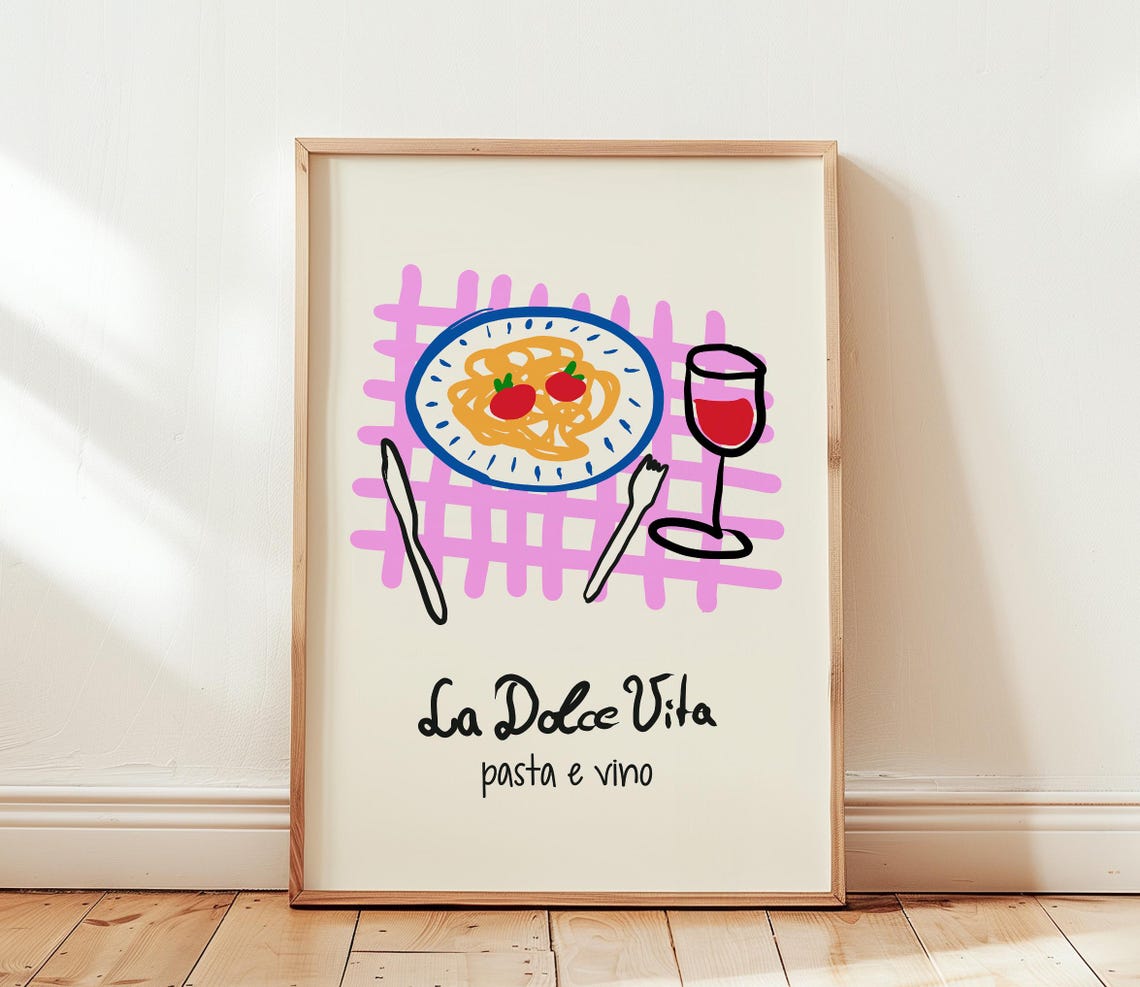 La Dolce Vita Pasta e Vino Spaghetti Plate Illustration Poster