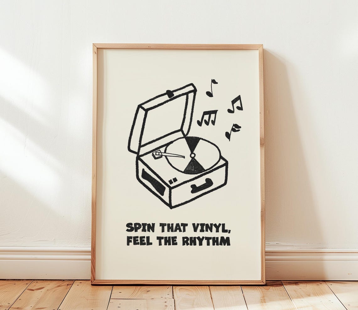 Black Ink Retro Record Player Spin That Vinyl Music Quote Poster