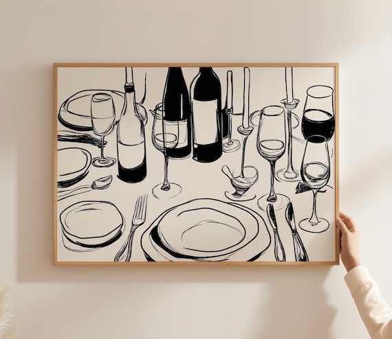 Dinner Party Food Poster Vintage Kitchen Wall Art Wine Bottles Illustration Cheers Print Dining Room Decor Table Scene