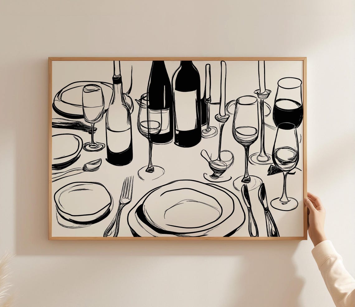 Black And White Dinner Party Table Setting Wine Bottles Sketch Poster