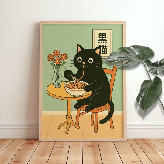 Japanese Black Cat Eating Noodles Funny Kitchen Print Wall Art Japandi Relaxing Poster Trendy Home Decor Vintage