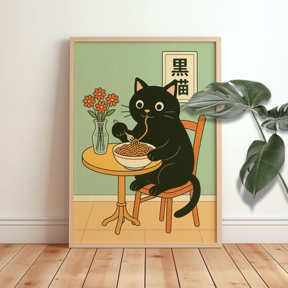 Japanese Black Cat Eating Noodles Retro Kitchen Illustration Poster