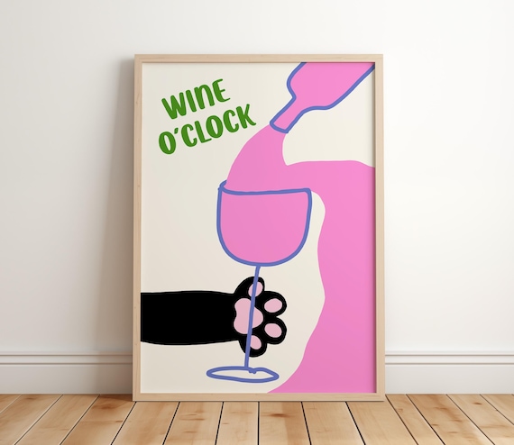 Wine O Clock Black Cat Paw Holding Wine Glass Funny Kitchen Poster