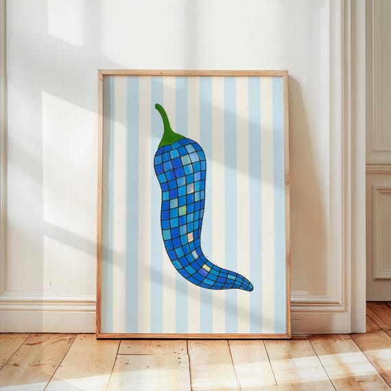 Disco Ball Chili Pepper Print Funky Kitchen Wall Art Food Illustration Trendy Retro Home Decor Dining Room