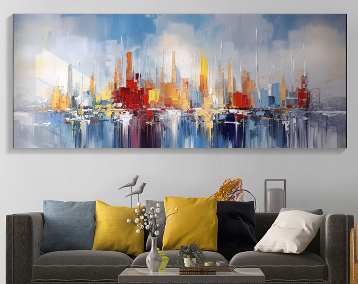 Red and Blue Abstract City Towers Water Reflection Art Poster