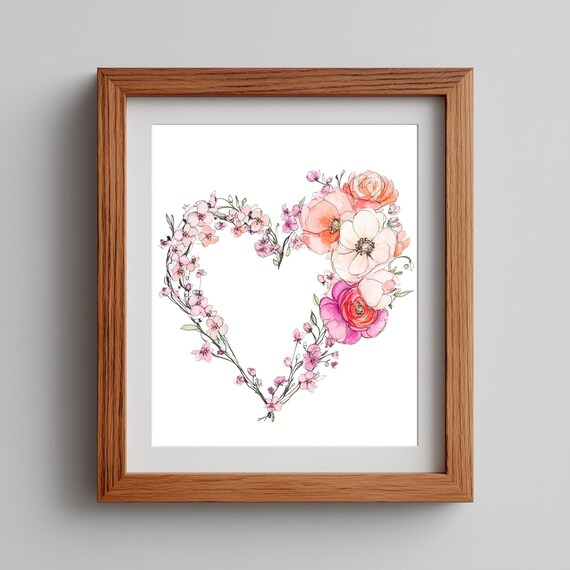 Heart Shaped Floral Wreath Wall Art Romantic Flower Arrangement Painting Valentines Day Decor Botanical Love 142