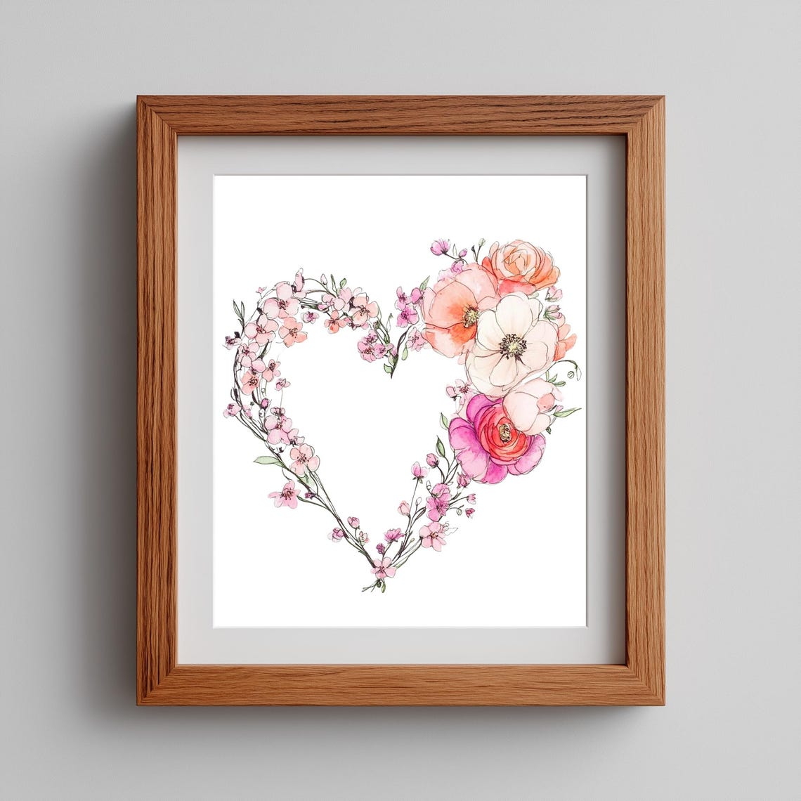 Heart Shaped Floral Wreath Watercolor Romantic Pink Flower Poster