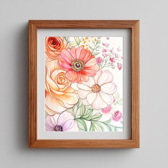 Peach And Purple Flower Wall Art Romantic Floral Bouquet Painting Vintage Botanical Decor Spring Bloom 103