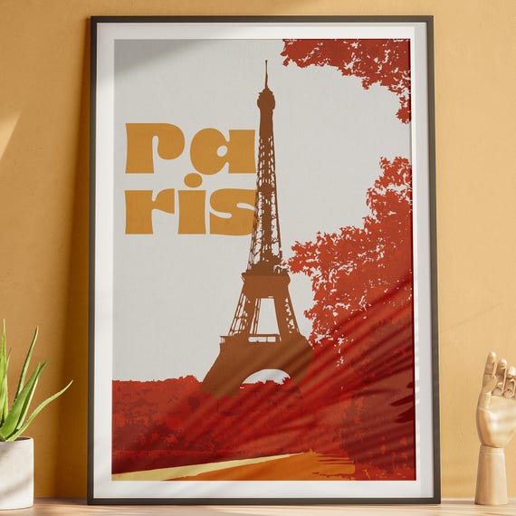 Paris Retro Mustard Poster Eiffel Tower Red Autumn Trees Typography