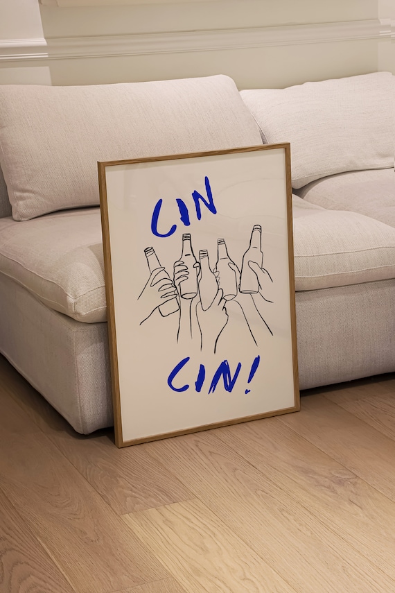 Cin Cin Cheers Clinking Bottles Blue Line Art Celebration Poster