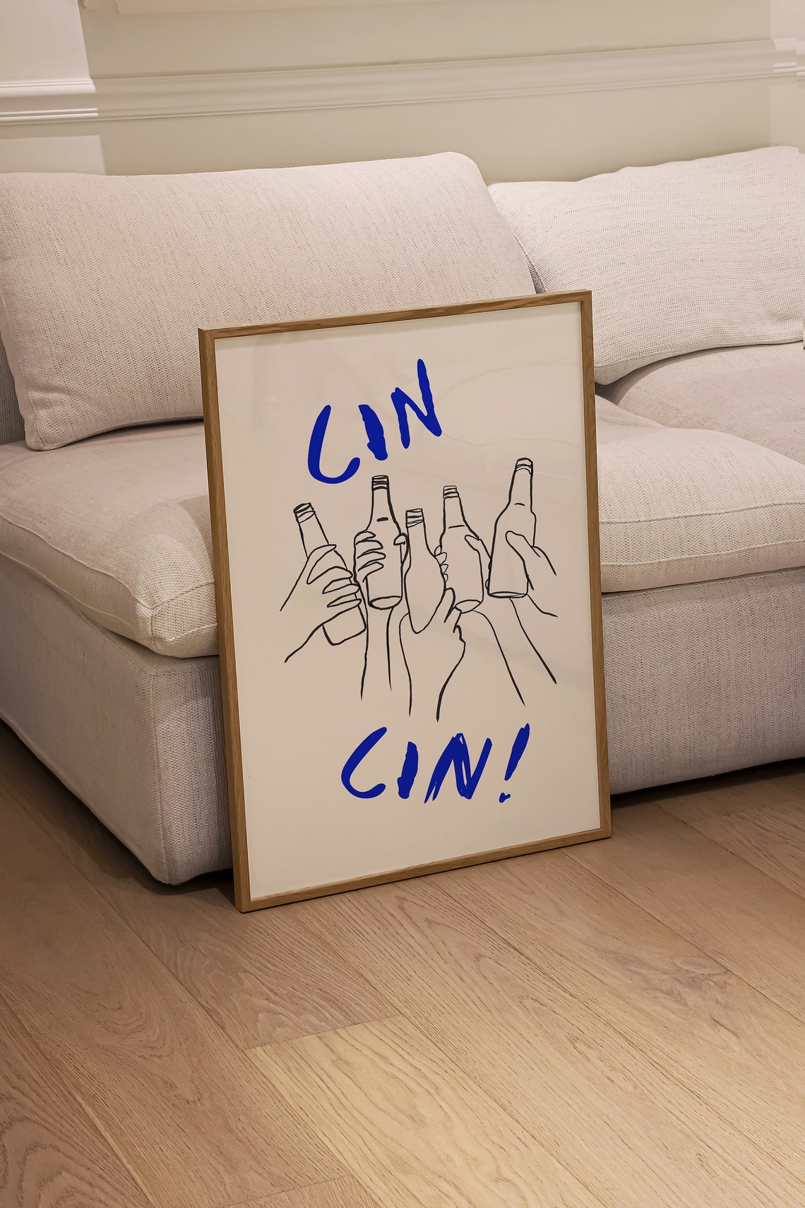Cin Cin Cheers Clinking Bottles Blue Line Art Celebration Poster