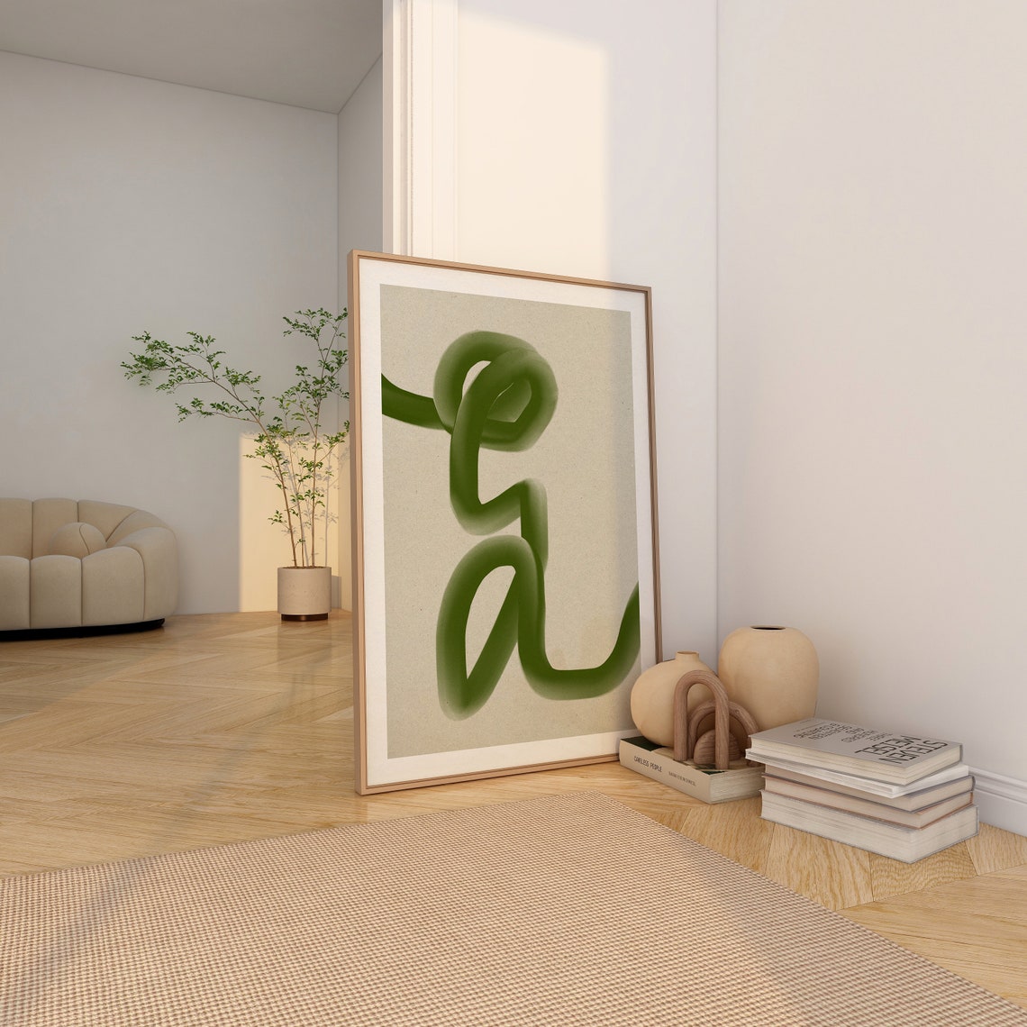 Green Flowing Ribbon Line Abstract Minimalist Organic Wall Poster Art - Image 3