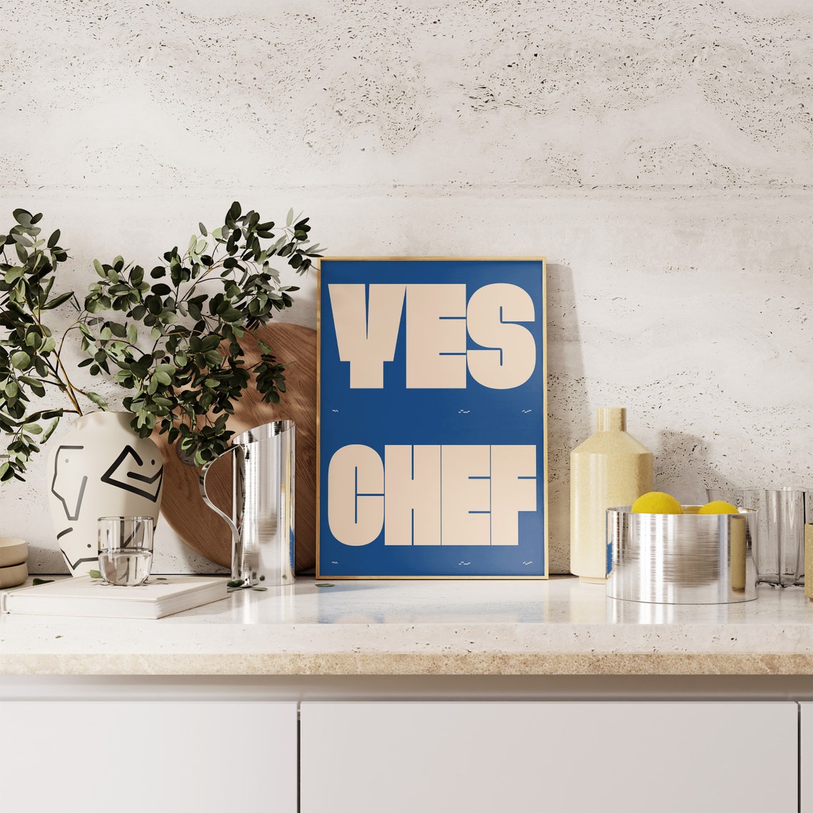 Yes Chef Bold Cream On Blue Typography Kitchen Statement Wall Poster - Image 3