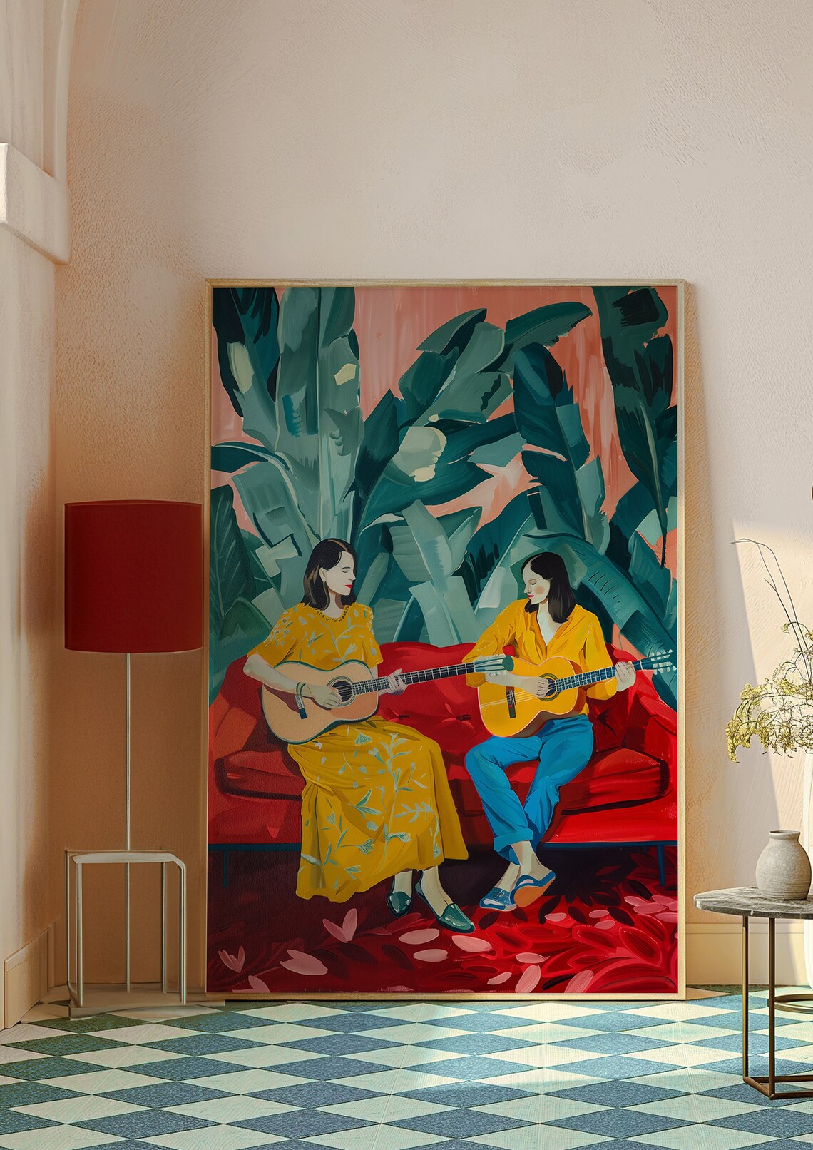 Two Women Playing Guitars Red Sofa Botanical Music Art Print - Image 8