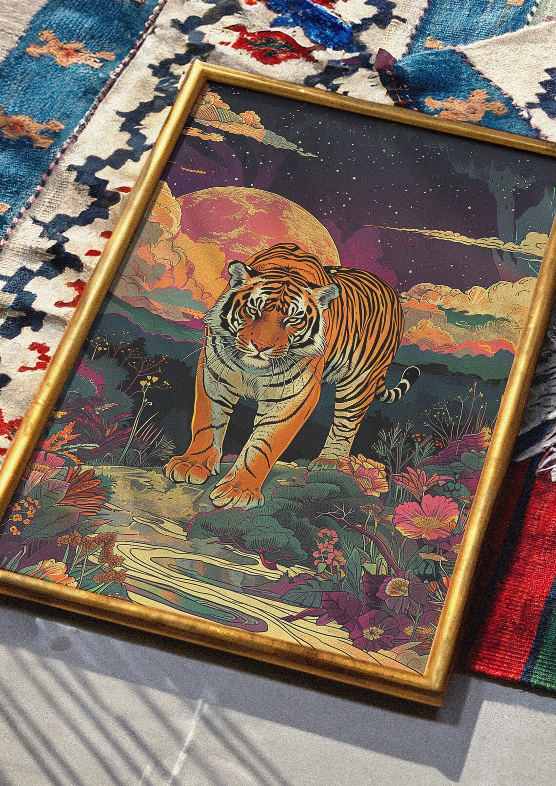 Majestic Tiger Beneath a Giant Red Sun in Starry Night Sky Poster - Image 3