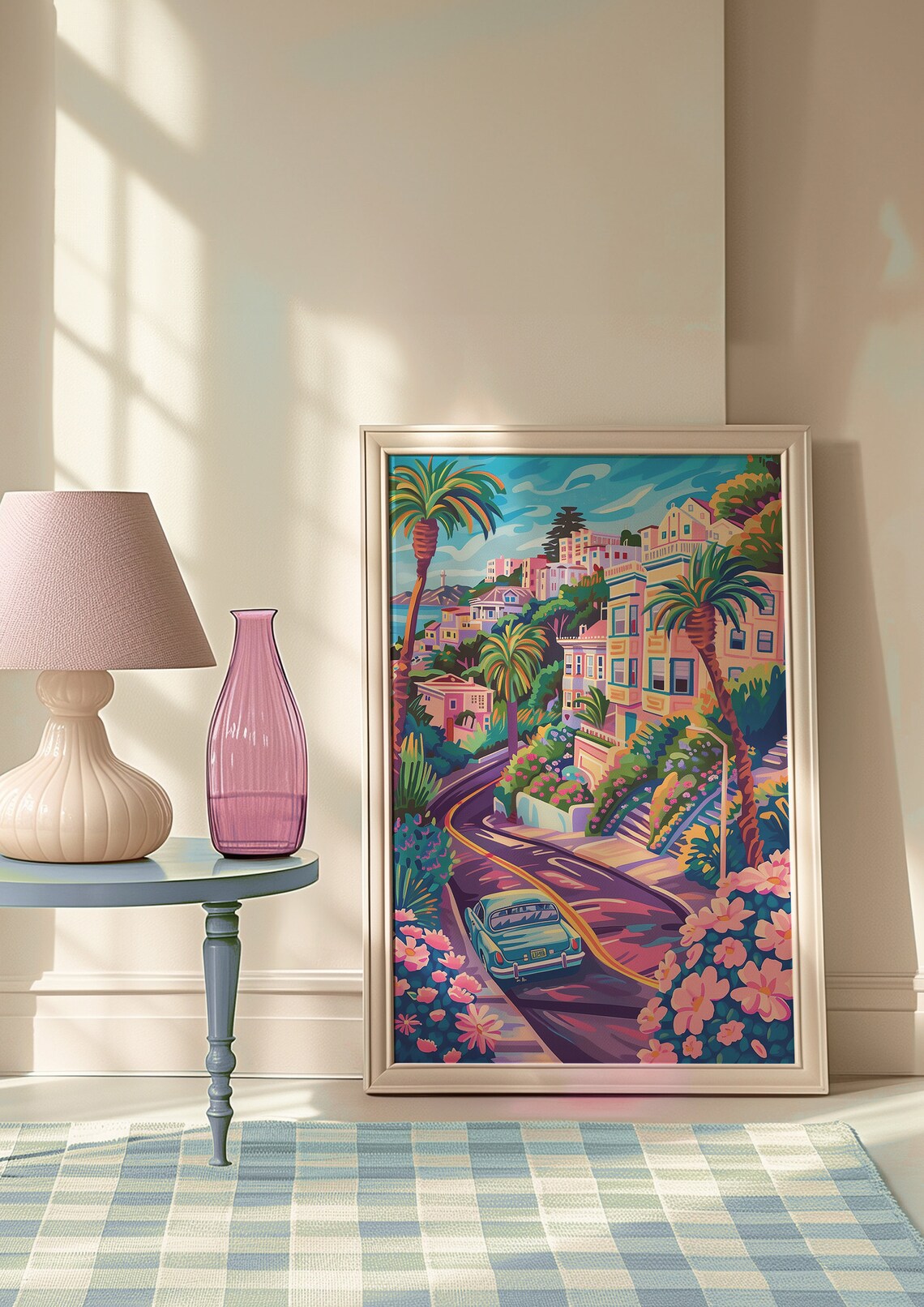San Francisco Winding Hill Road Classic Teal Car Floral Travel Poster - Image 2
