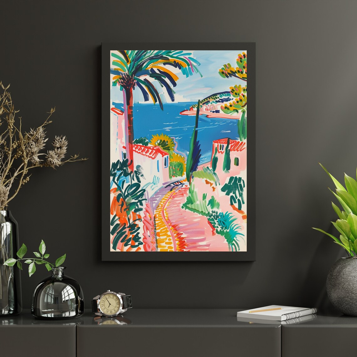 Bright Coastal Town Bay with Palm Trees Matisse Inspired Poster - Image 3