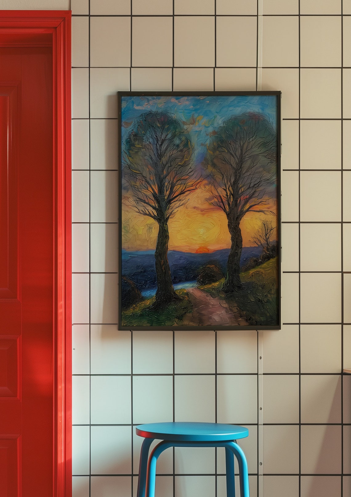 Sunset Two Trees Silhouette Landscape Poster In Impressionist Oil - Image 6