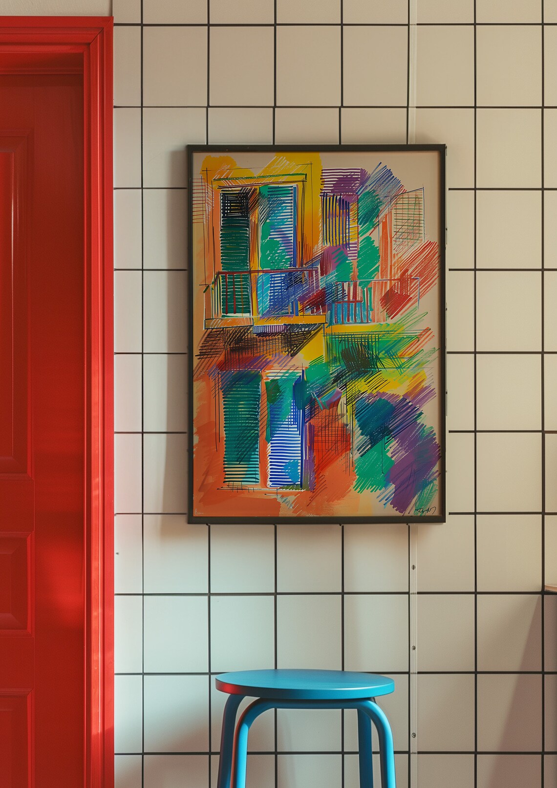 Expressive Colorful City Facade Sketch Urban Abstract Wall Art - Image 8