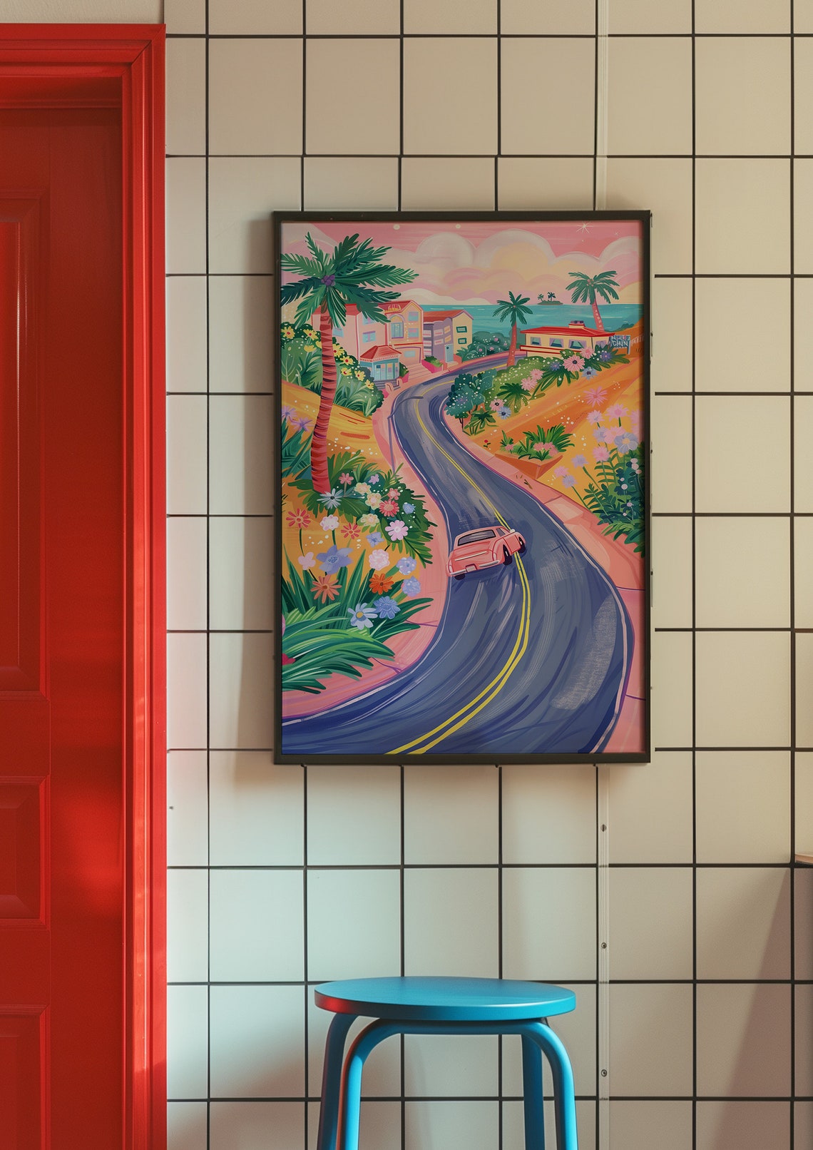 Coastal Road Drive Pink Vintage Car Palm Trees Seaside Travel Poster - Image 9