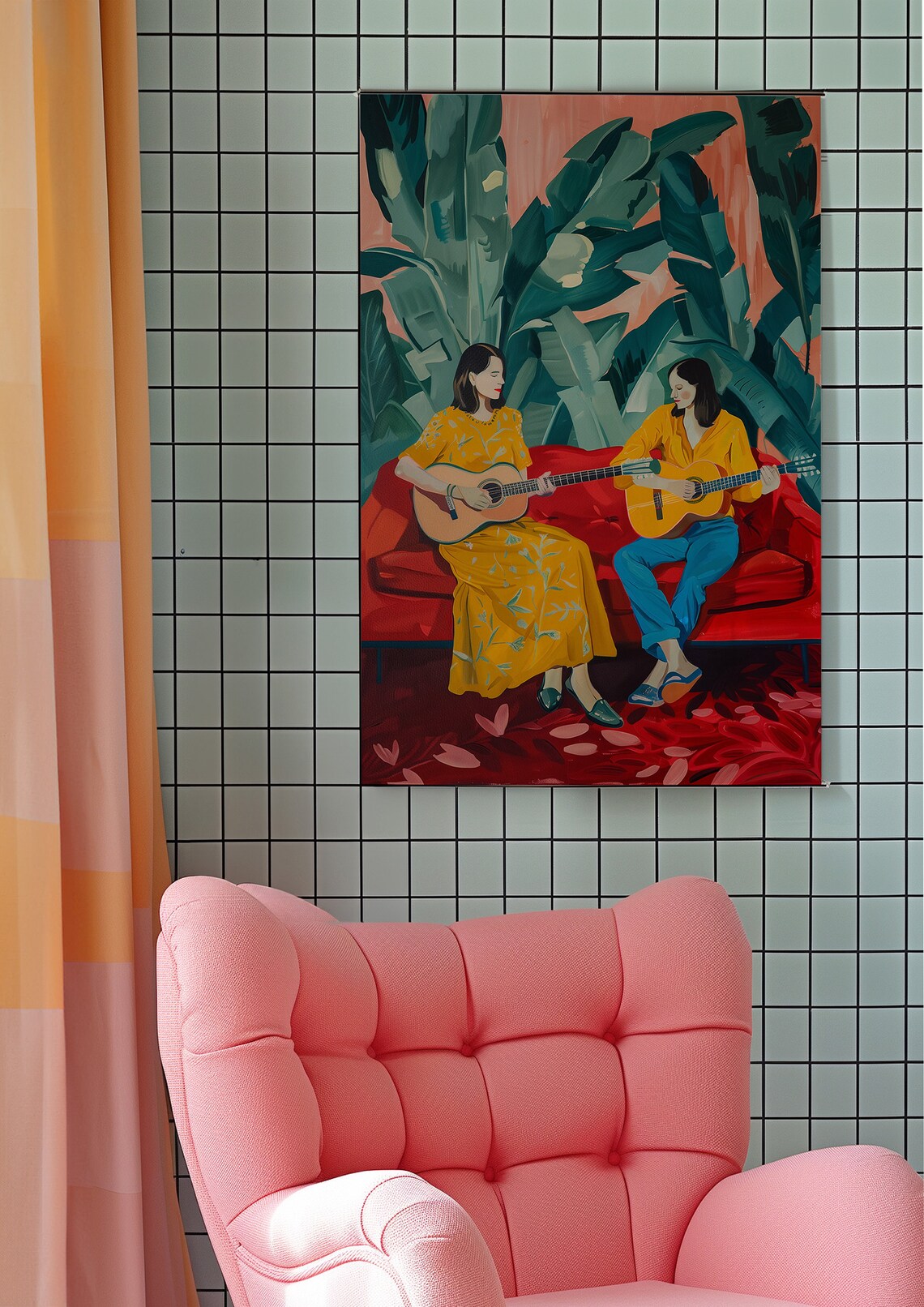 Two Women Playing Guitars Red Sofa Botanical Music Art Print - Image 5