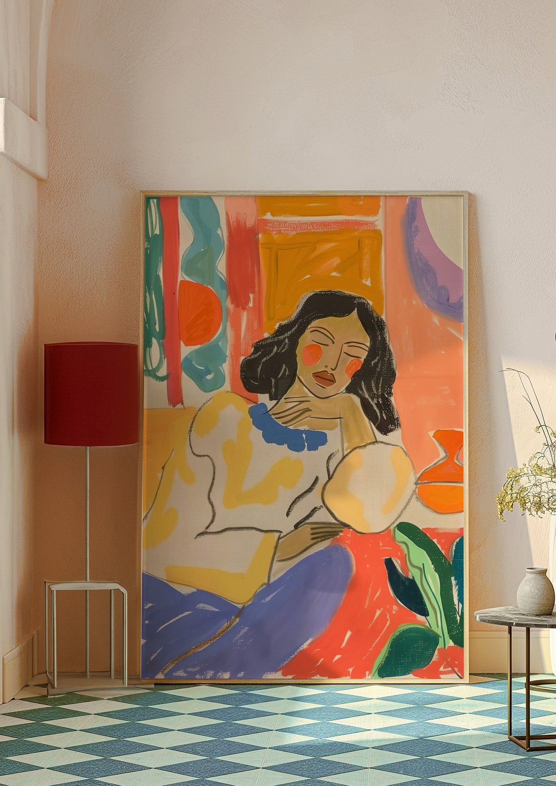 Serene Dreamy Seated Woman Surrounded by Bright Colors Poster - Image 7