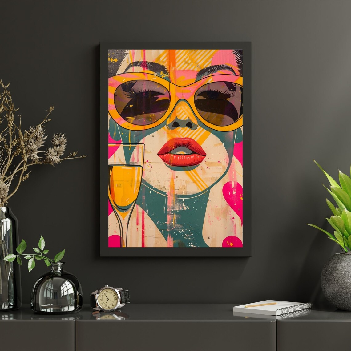 Pop Art Woman With Sunglasses And Cocktail Poster In Pink Hearts - Image 3