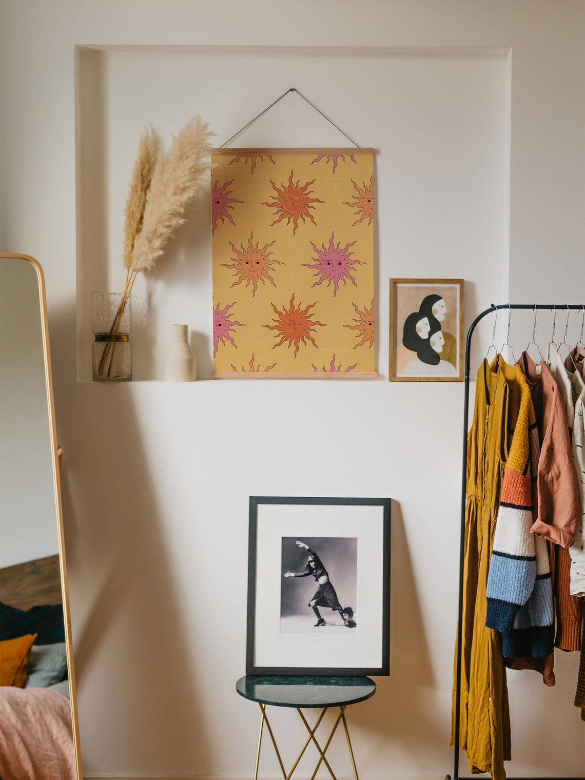 Boho Smiling Sun Faces Pattern Yellow Golden Retro 70s Art Poster - Image 5