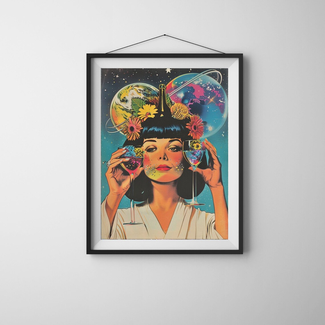 Retro Wine Woman Poster With Two Glasses Flowers And Planets - Image 6