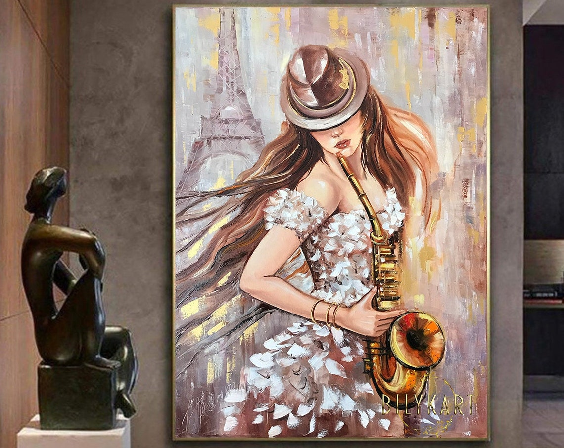 Woman With Saxophone Painting On Jazz Oil Painting Abstract Music Jazz Art Saxophone Art Lady In Paris Oil Painting Saxophone Gift