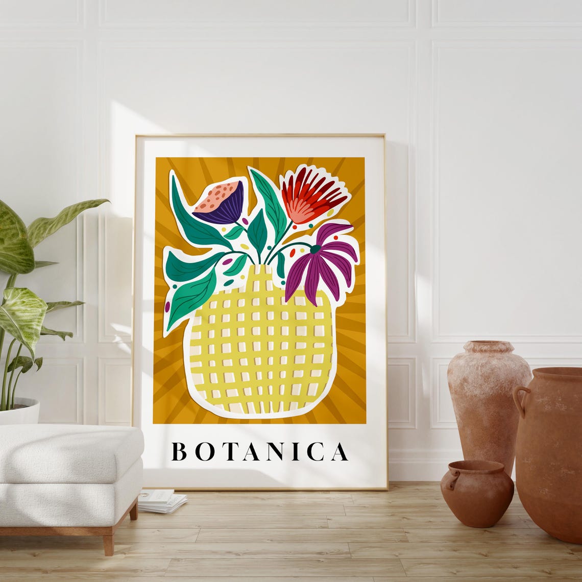 Botanica Yellow Checkered Vase Tropical Flower Retro Botanical Poster