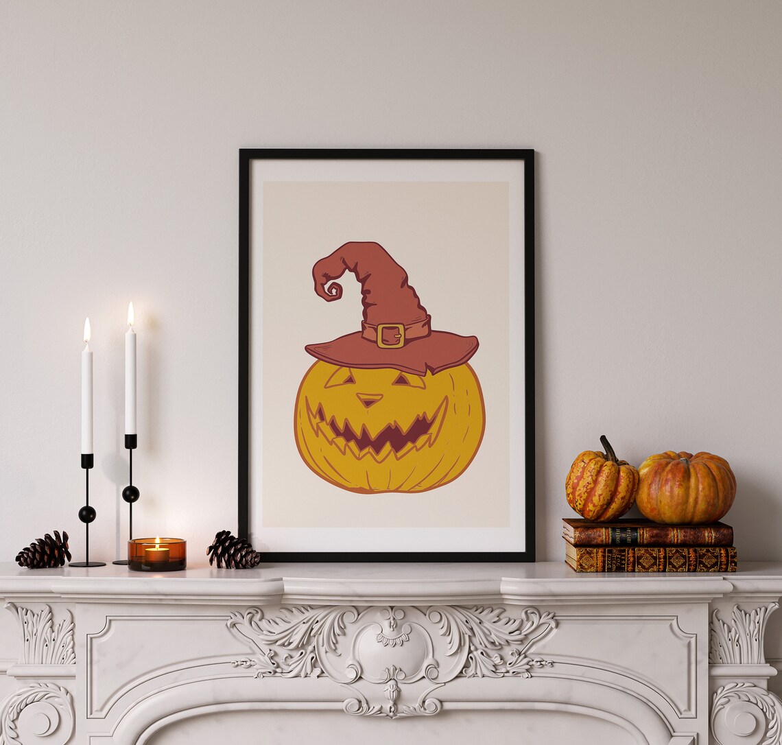 Jack O Lantern Wearing Witch Hat Cute Halloween Pumpkin Cartoon Wall Art Print