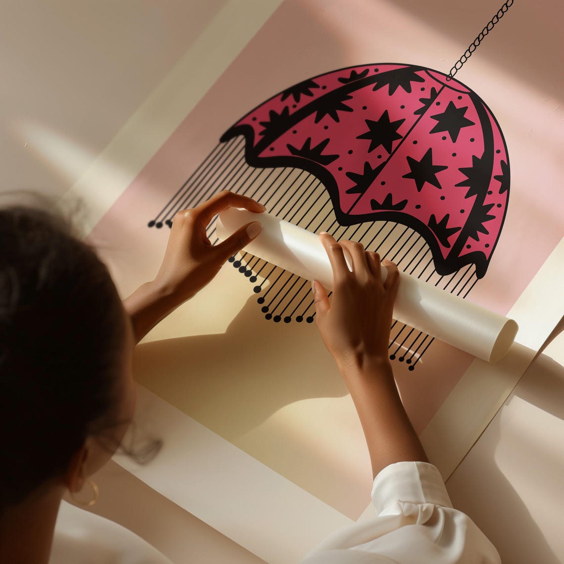 Pink Star Pendant Lamp Boho Fringe Hanging Light Illustration Poster - Image 3