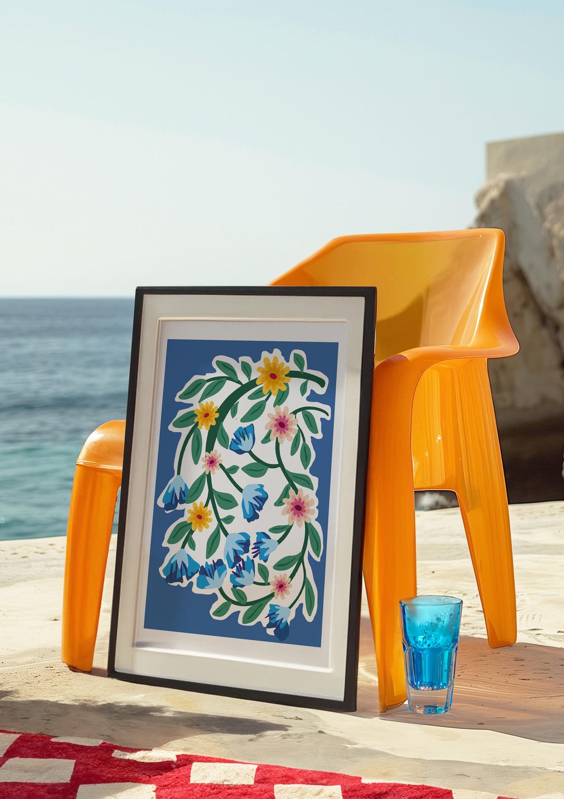 Blue Botanical Trailing Vine Yellow Pink Blooms Modern Floral Wall Art - Image 2