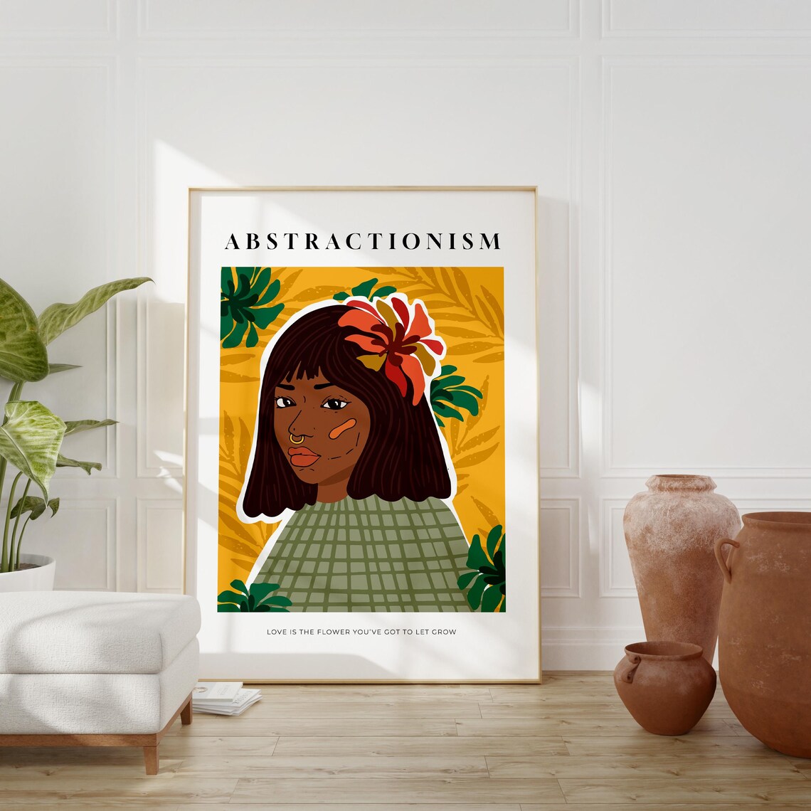 Abstractionism Woman Portrait Hibiscus Flower Gold Botanical Wall Art