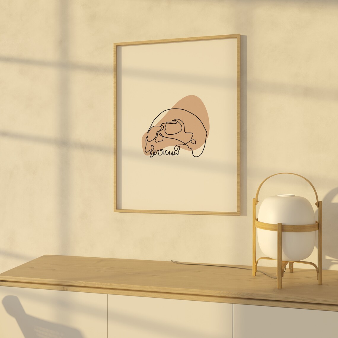 Minimalist Skull Line Art Halloween Beige Abstract Spooky Boho Wall Print - Image 3