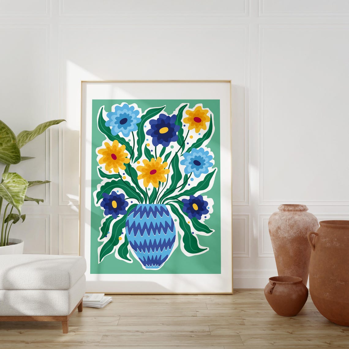 Blue Yellow Bouquet Zigzag Vase Green Background Bold Floral Wall Art