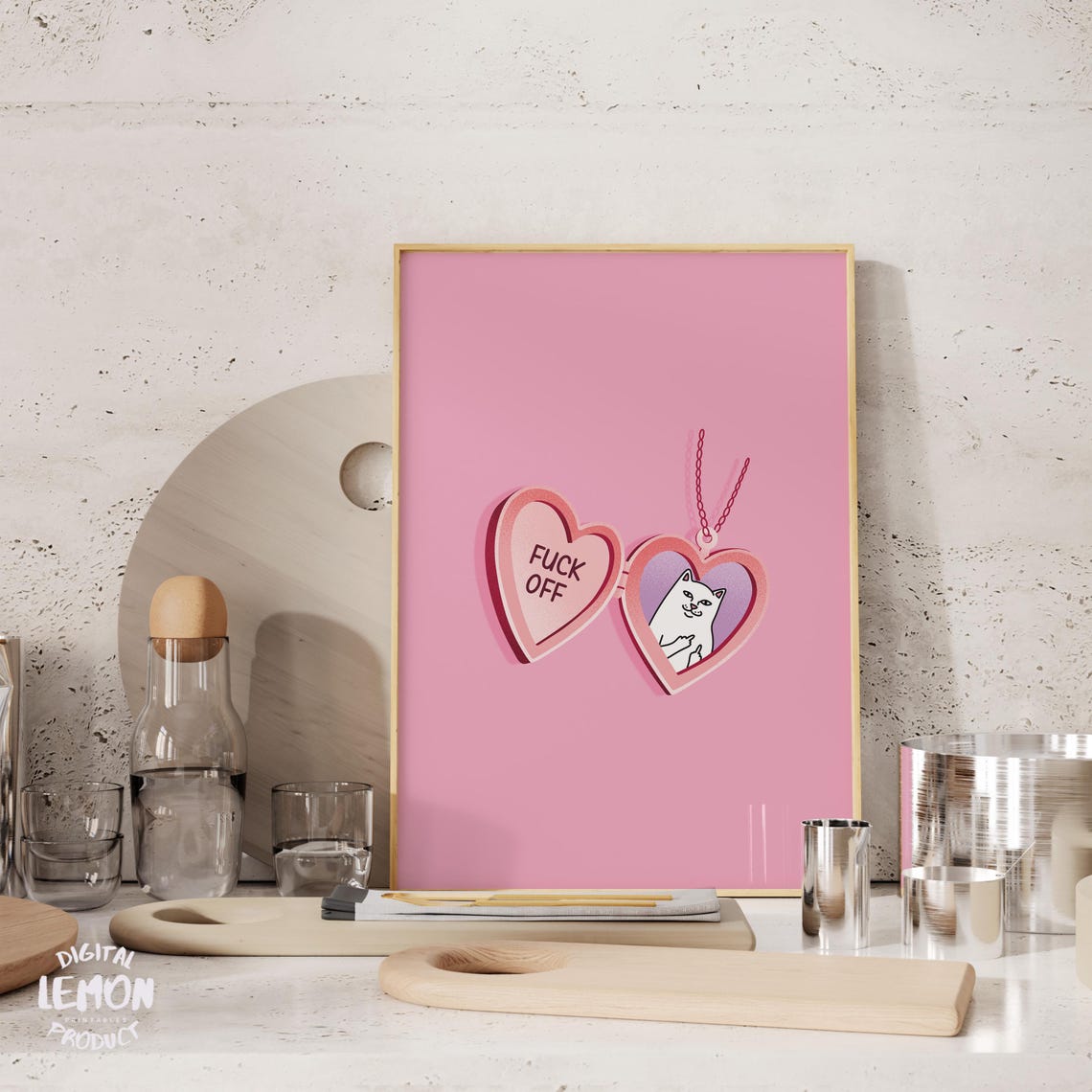 Pink Heart Locket Sassy Cat Middle Finger Funny Edgy Quote Poster - Image 3