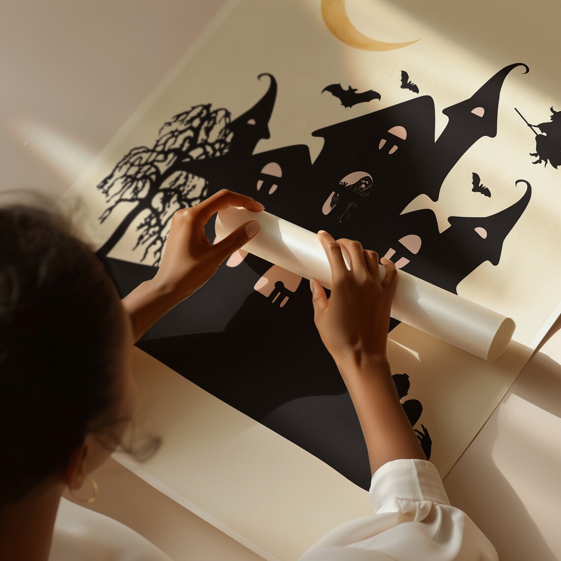 Haunted House Silhouette Witch Broom Crescent Moon Halloween Wall Art - Image 4