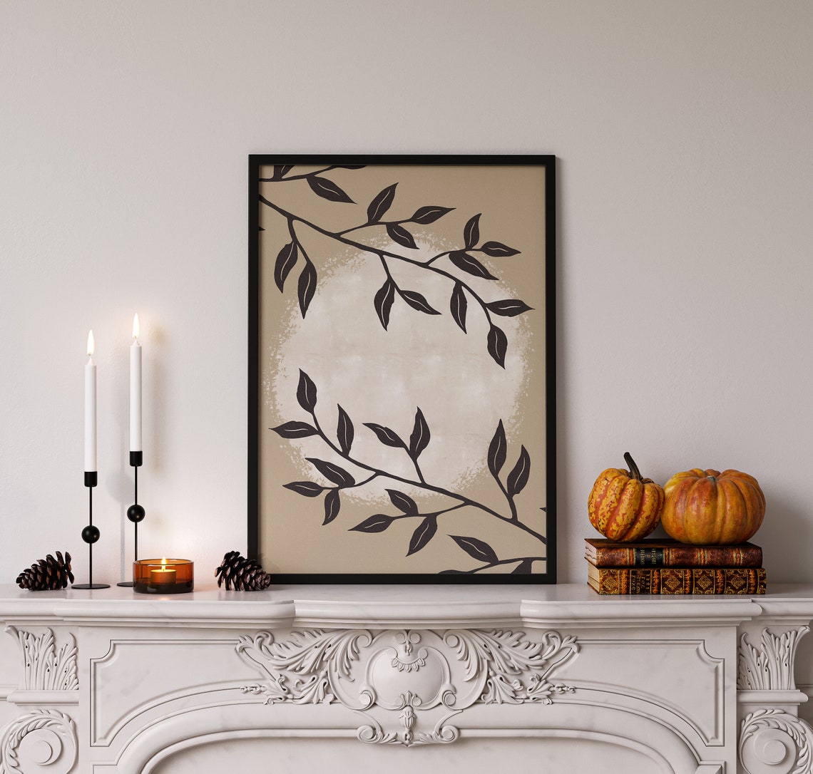 Full Moon Botanical Branch Silhouette Minimalist Beige Wall Art