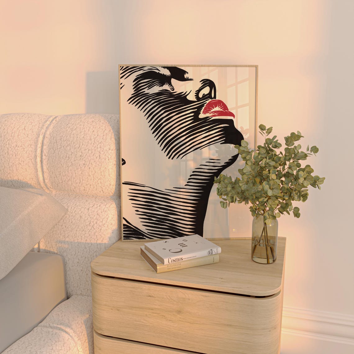 Woman Face Red Lips Striped Black Line Art Bold Modern Portrait Print - Image 4