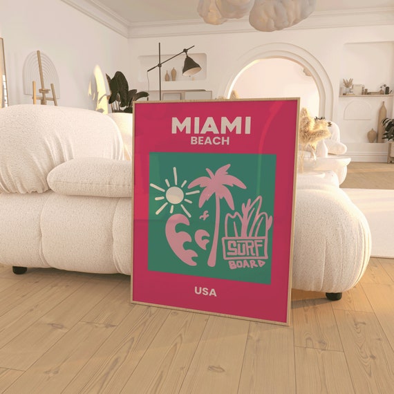 Travel Famous Places Print Miami Tropical Travel Art Preppy Retro Travel Poster Trendy Tropical Print Miami Prints