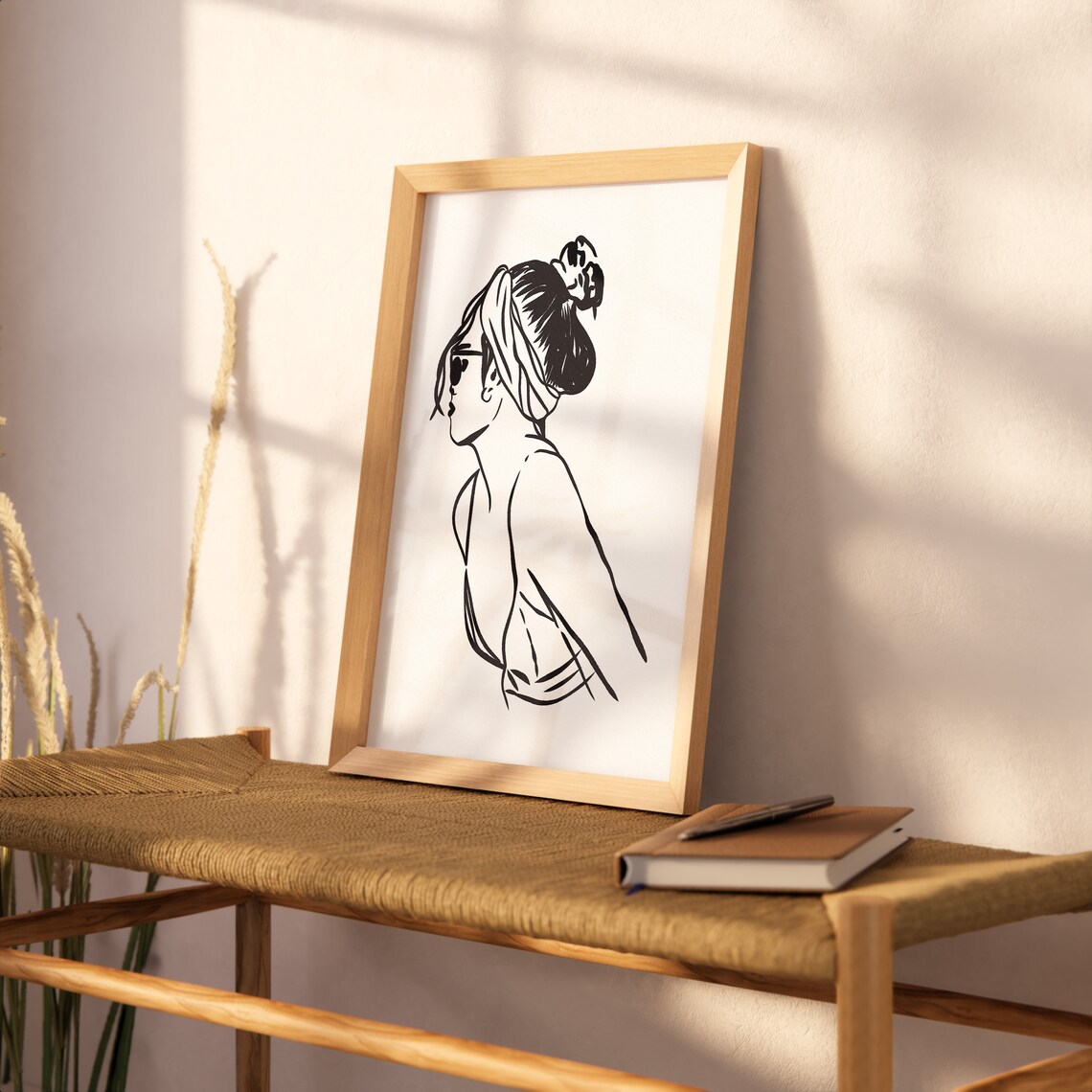 Woman With Hair Bun Side Profile Black White Minimalist Line Art Poster