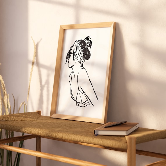 Woman With Hair Bun Side Profile Black White Minimalist Line Art Poster